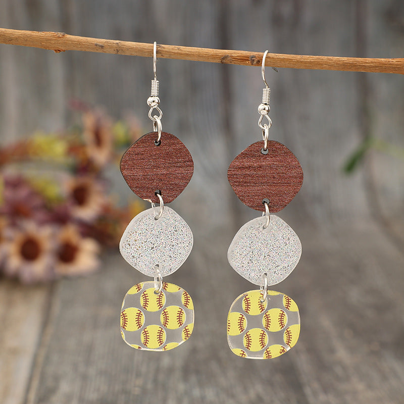 Wholesale  Retro Multiple Geometric Splicing Printed Baseball Sports Style Earrings