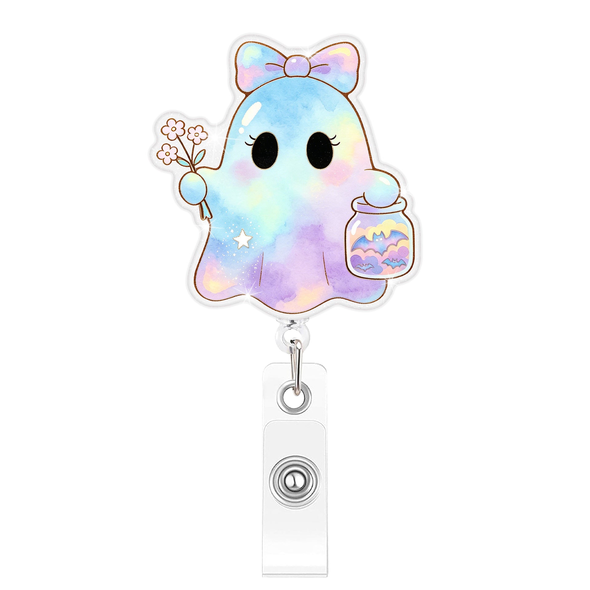 Wholesale Trendy Glitter Boo Ghost Retractable Badge Reel Plastic Car Key Accessory With Gradient Finish Decorative Party Gift
