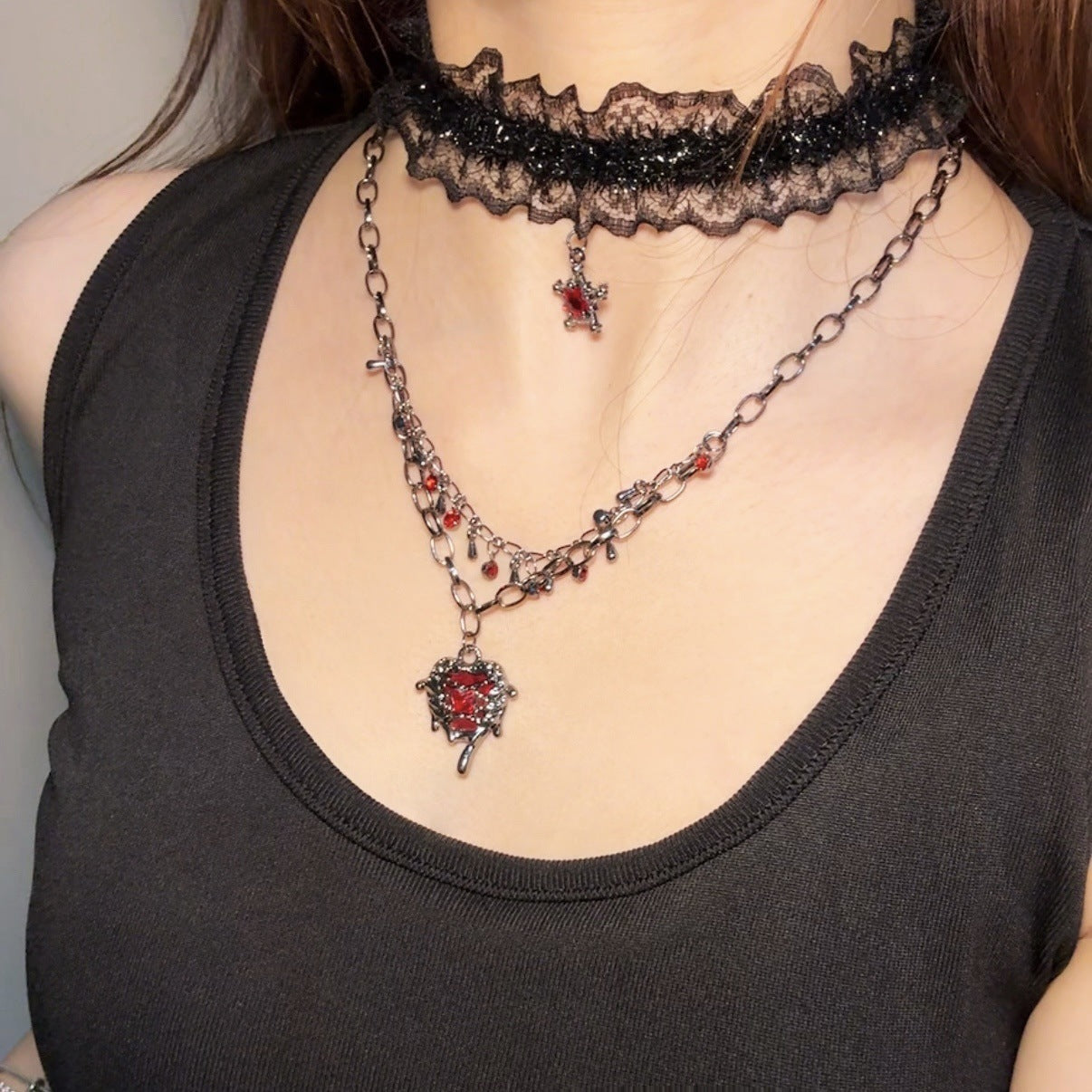 Wholesale Alloy Gothic Choker Necklace with Lace Heart Pendant,  Y2K Style Jewelry Accessory for Women