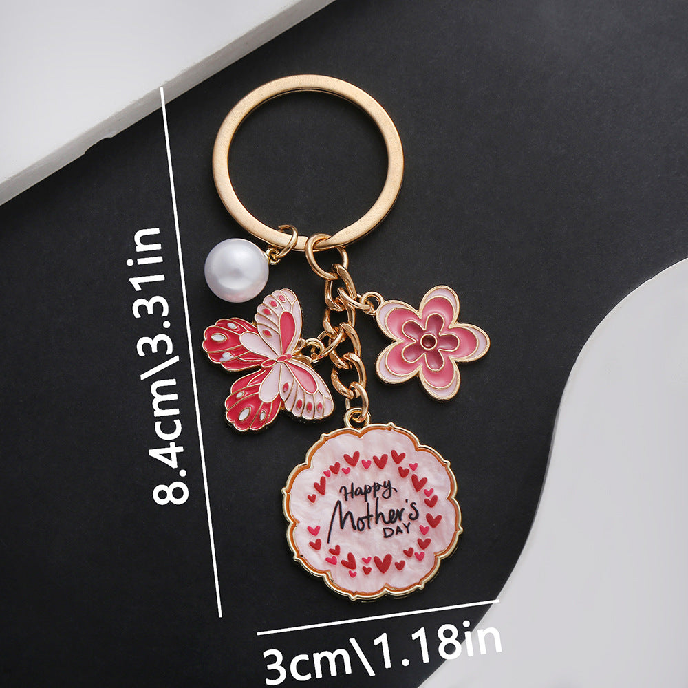 Wholesale Oil Dropping Pink Butterfly Flowers Pearl MOTHER' S DAY Keychain Jewelry Pendant Mother Holiday Gift