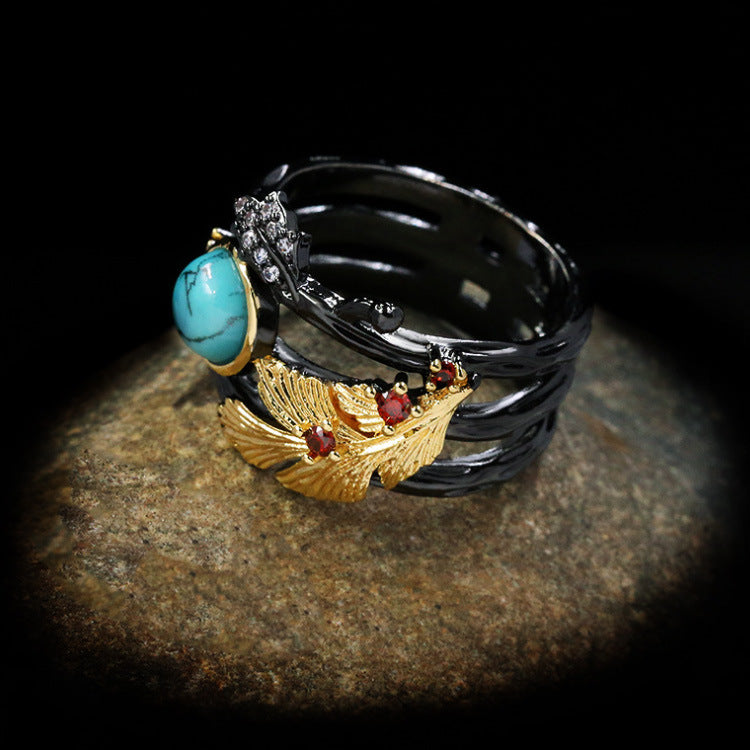 Wholesale  flower series two-color black gold three-piece set ring necklace ear studs