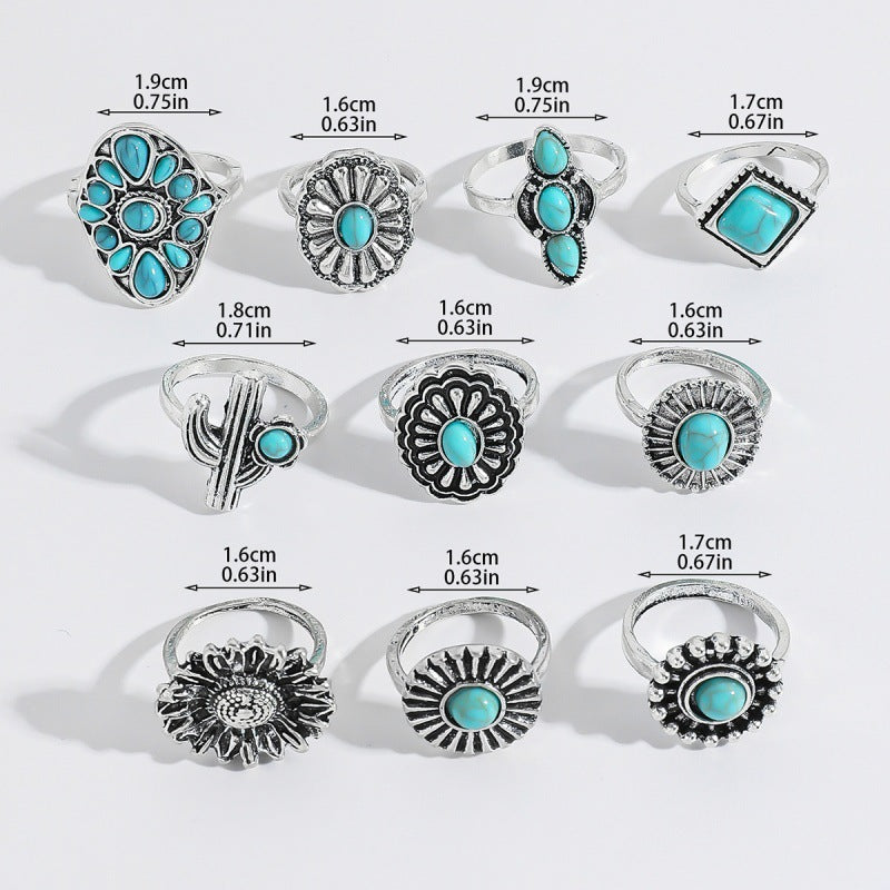 Wholesale Turquoise Vintage Flower Ring Set 10-Piece Women' s Jewelry Accessory
