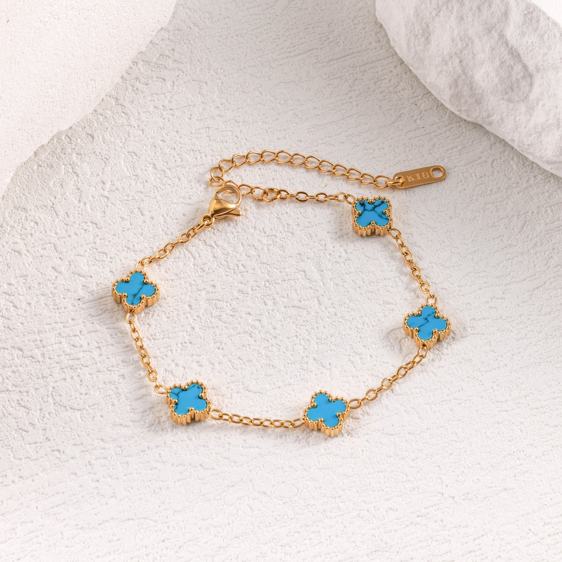 Wholesale Stainless Steel Four-Leaf Clover Bracelet with Mother-of-Pearl and Turquoise,  Trendy Jewelry Accessory for Women