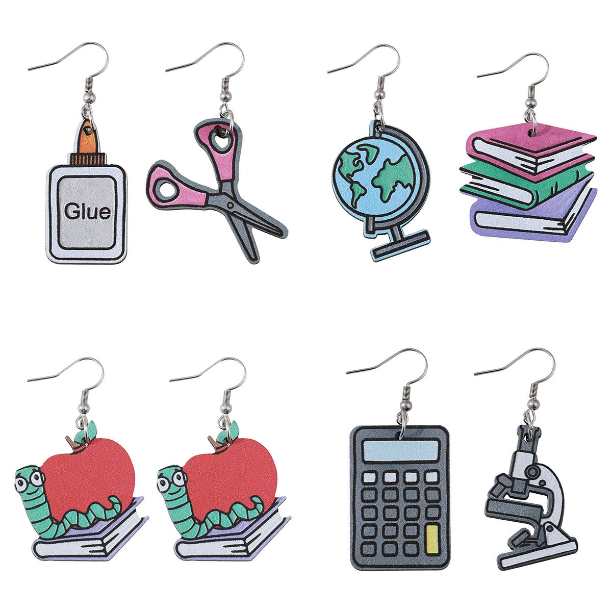 Wholesale globe books calculator scissors wooden double-sided earrings
