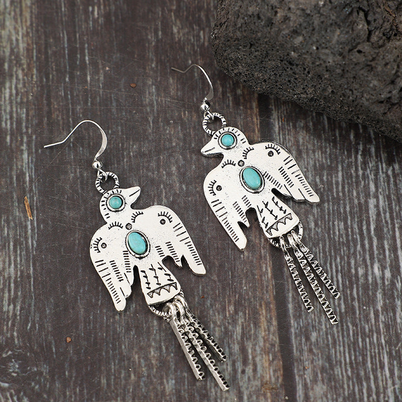 Wholesale Retro Eagle Turquoise Tassel Earrings Party Wear Jewelry Accessory