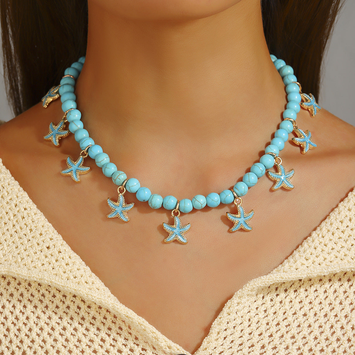 Wholesale Alloy Starfish Pendant Turquoise Magnetic Necklace Beach Style Collarbone Jewelry For Women