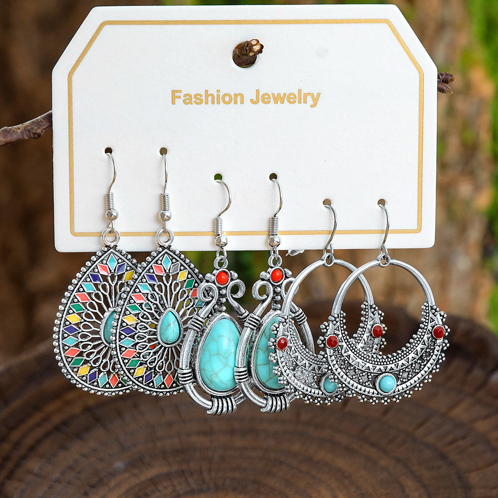 Wholesale European and American Cross-Border Hot Selling New Turquoise Earrings Set Fashion Ethnic Holiday Style Earrings Earrings Manufacturer