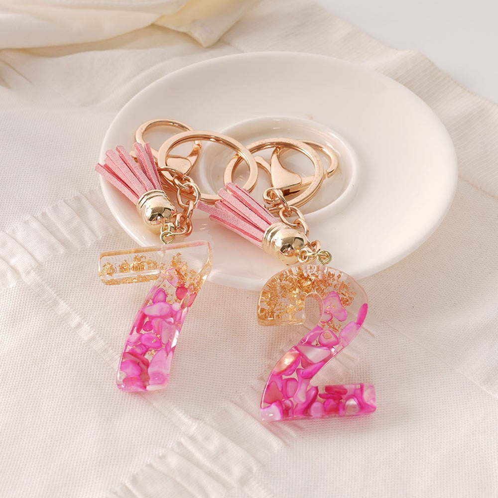 Wholesale  Resin Glue English Numbers Pink Tassel Rose Red Gold Foil Keychain