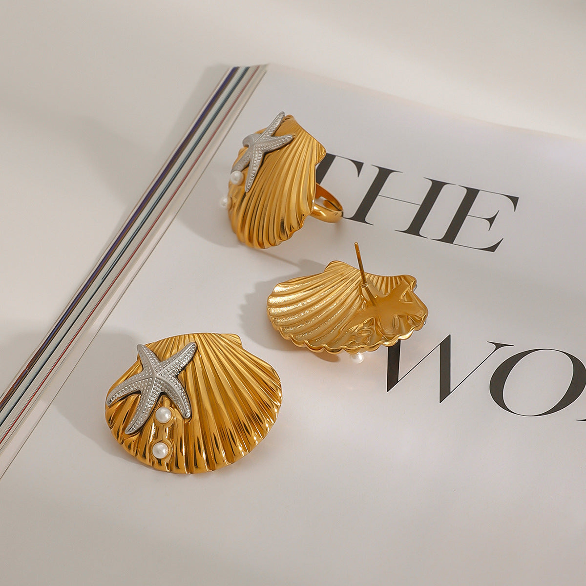 Wholesale  Stainless Steel Starfish Earrings Shell Ring