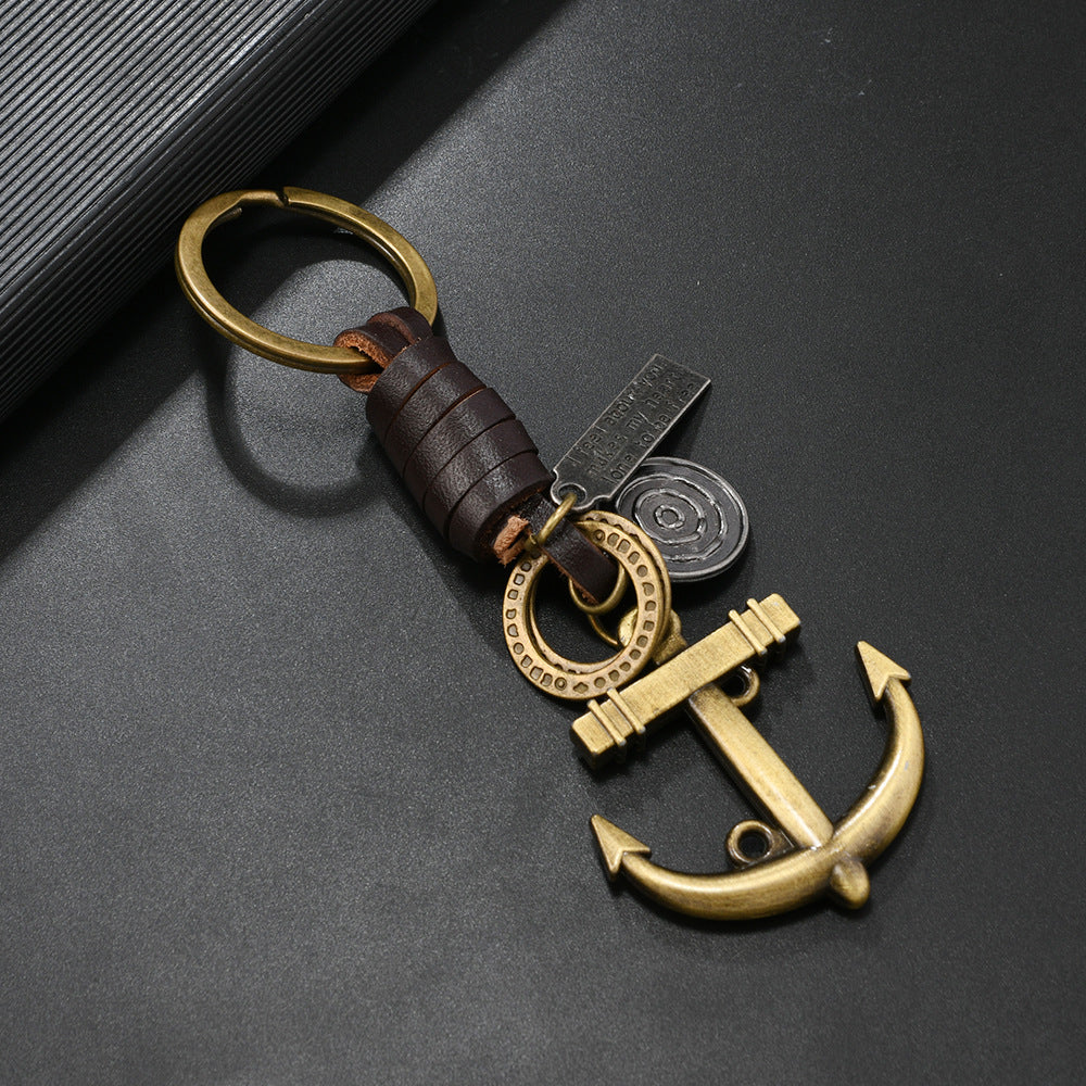 Wholesale Alloy Bronze Ship Anchor Vintage Woven Cowhide Keychains