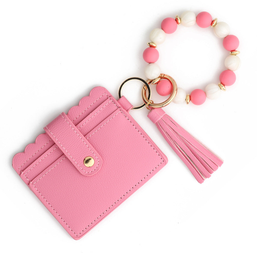 Wholesale  PU  wallet silicone bead bracelet card holder Wristlet Keychain