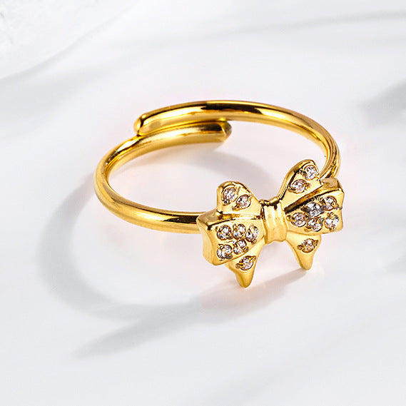 Wholesale 2PCS Steel-titanium bow zircon ring adjustable