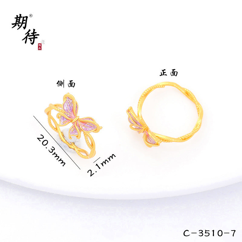 Wholesale Butterfly Ring Blue Gradient Enamel Pearl Antique Gold Finish Fashion Jewelry Accessory
