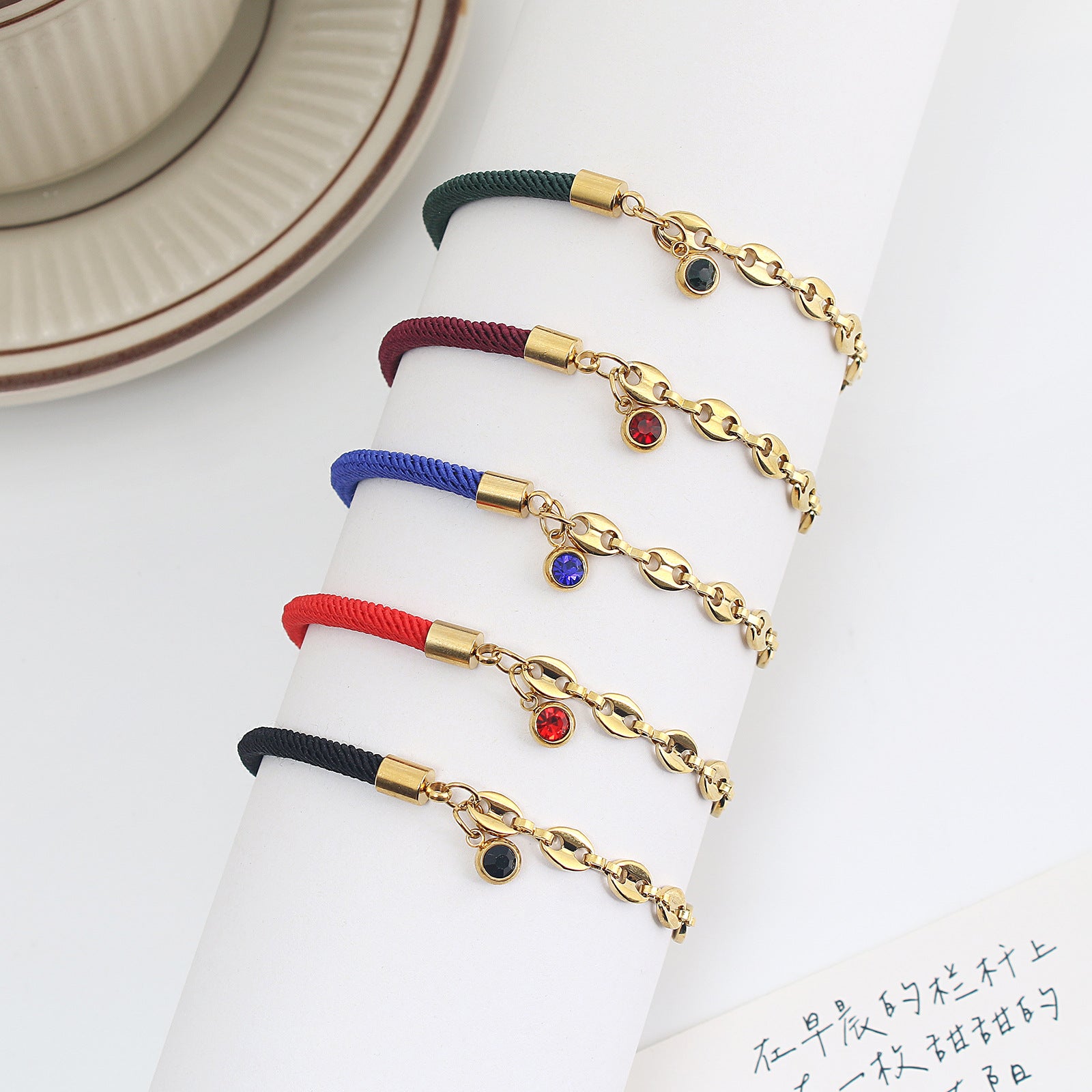 Bracelet pendentif diamant en acier inoxydable à double corde en gros plaqué or