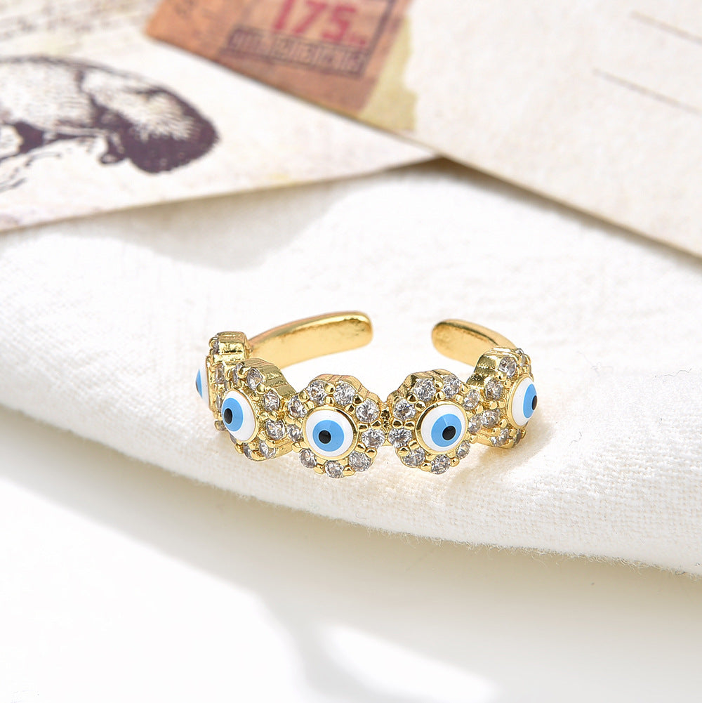 Wholesale 18K gold-plated zircon oil-drop colored devil' s eye open ring