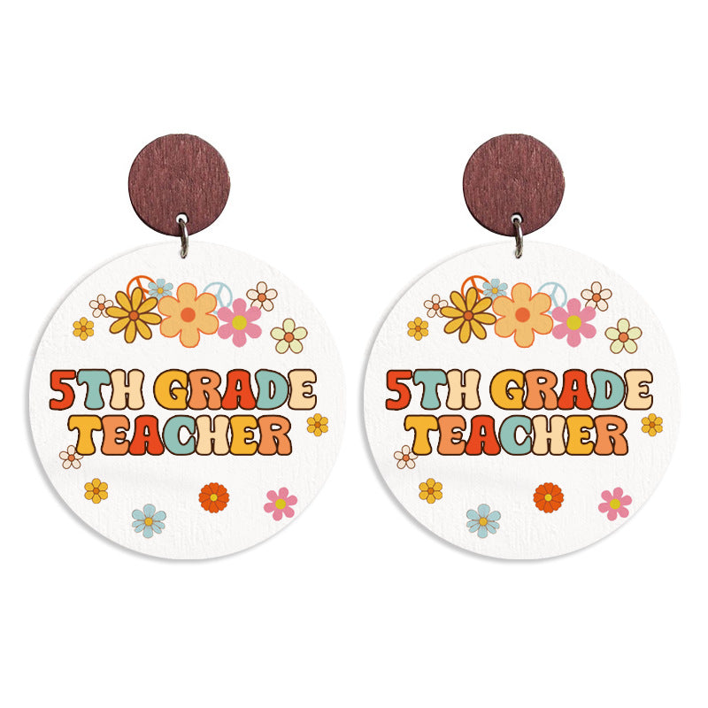 Wholesale Wooden printed school season grade text retro Bohemian autumn earrings