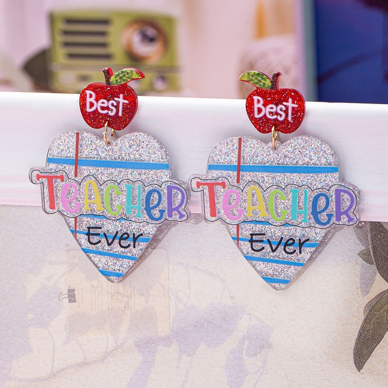 Wholesale Fashion Earrings  Cute Heart-Shaped LettersApple Earrings Teacher' s Day Acrylic Earrings Jewelry