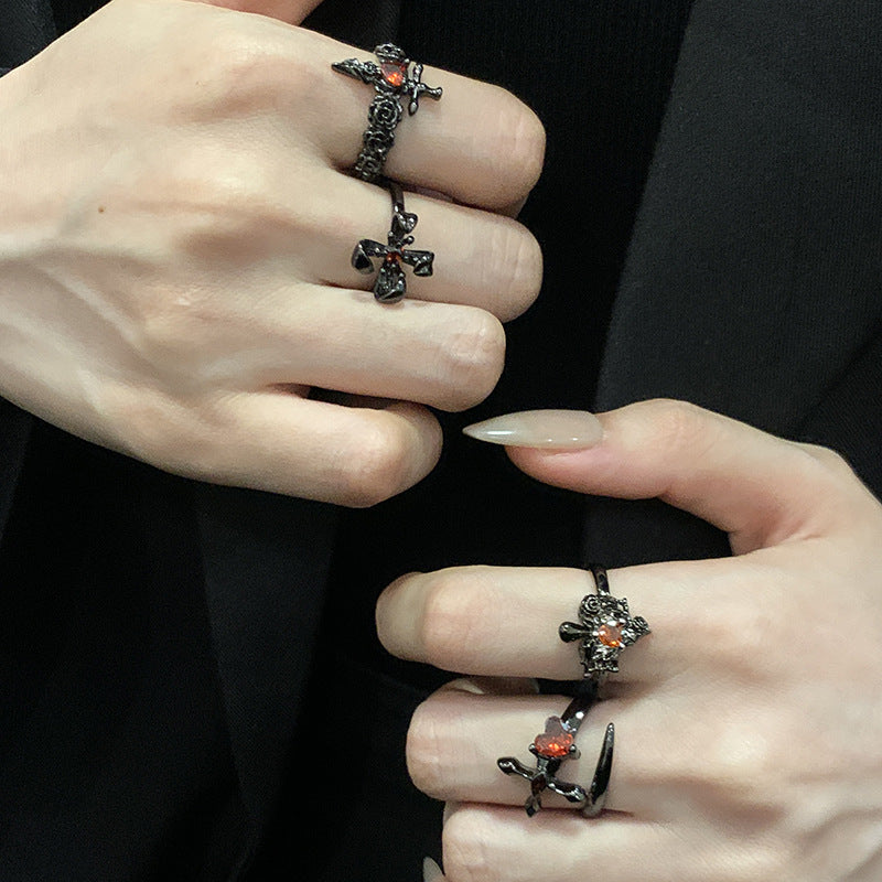 Wholesale Cross Dark Red Zircon Open Heart Rings ACC-RS-JiuHao022