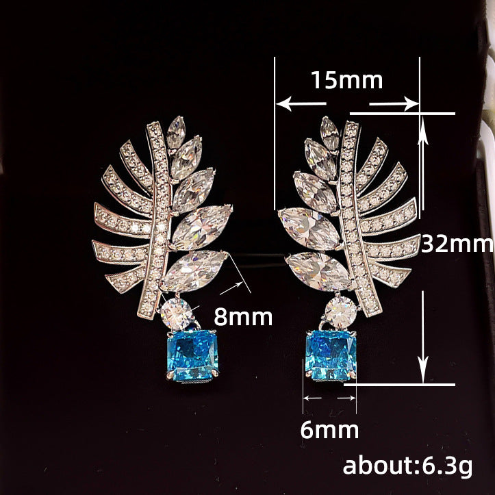Wholesale Feather Leaf Zircon Blue Gemstone Earrings