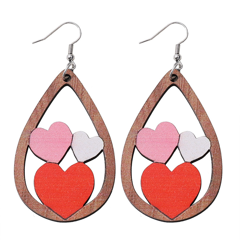Wholesale water drop lovely double-sided wooden Valentine's Day earrings
