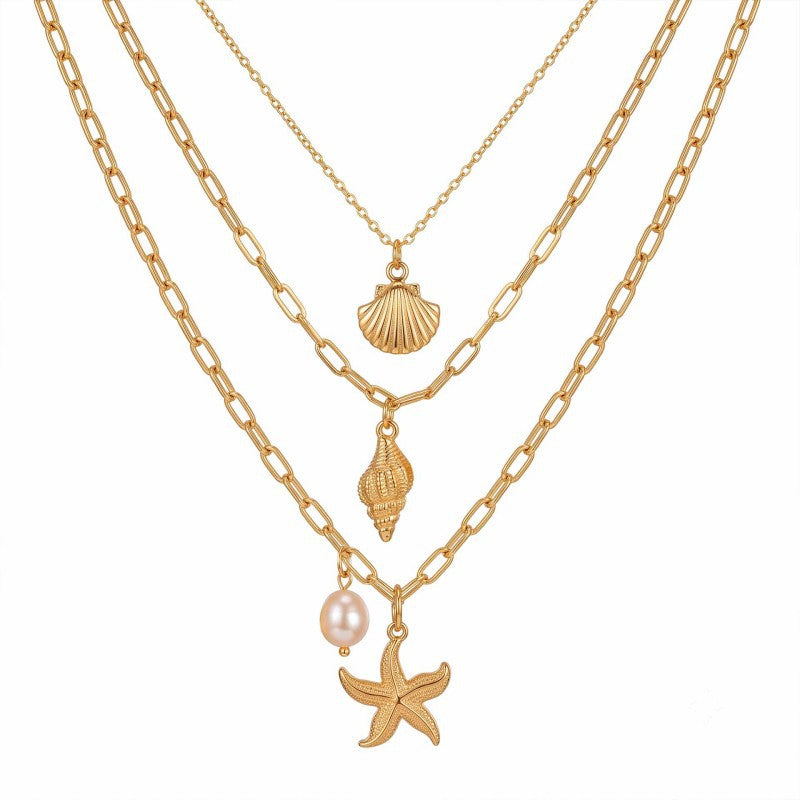 Wholesale Trendy Ocean Themed Layered Pendant Necklace Gold Tone Alloy Starfish Conch Shell Collarbone Chain Fashion Accessory Boutique Resale