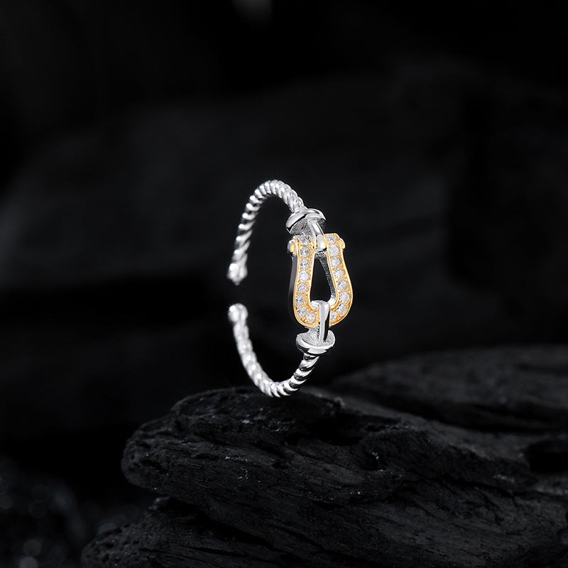 Wholesale S925 Diamond Split Gold Contrast Horseshoe Buckle Sterling Silver Ring