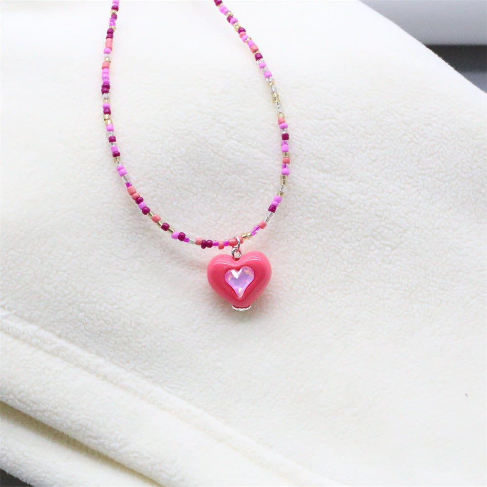 Wholesale Zircon Heart Pendant Rice Bead Necklace