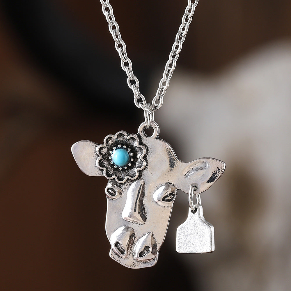 Wholesale Bohemian-style bull skull pendant necklace;  turquoise inlay;  premium vintage-style piece