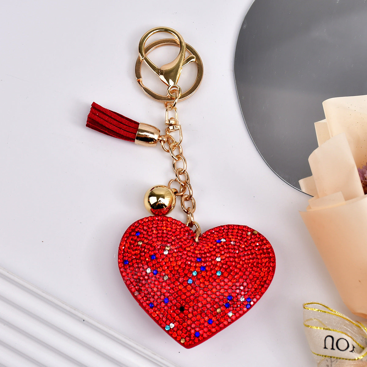 Wholesale  Peach Heart Rhinestone Leather Keychain