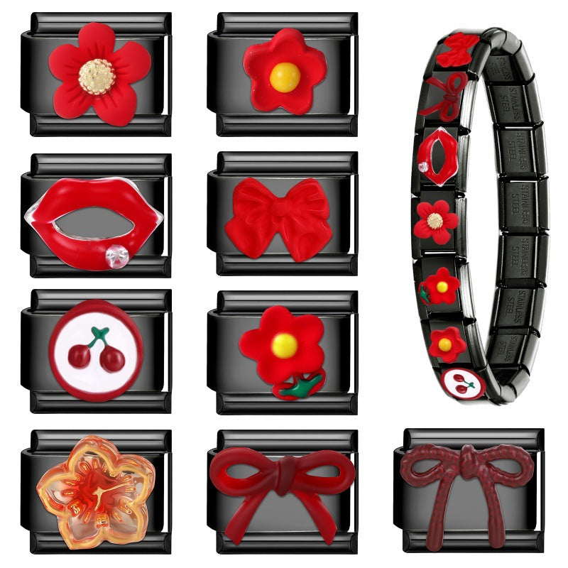 Wholesale DIY Black Stainless Steel Bracelet with Red Flowers,  Bow,  Cherry &  Lip Patchwork - Fashion Accessory