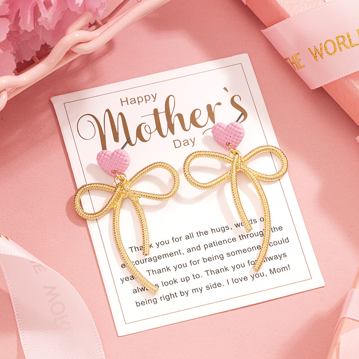 Wholesale Mother' s Day Alloy Bow Heart Earrings
