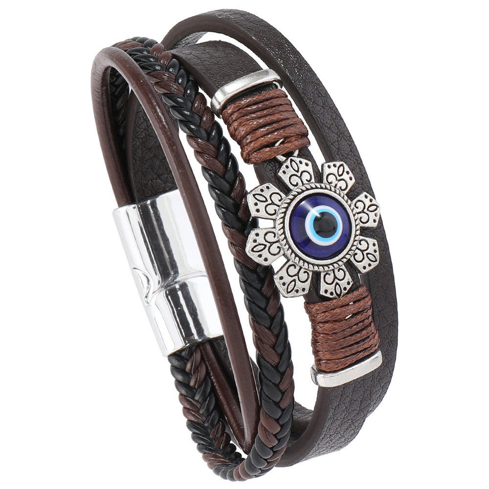 Wholesale Leather multi-layered floral evil eye bracelet