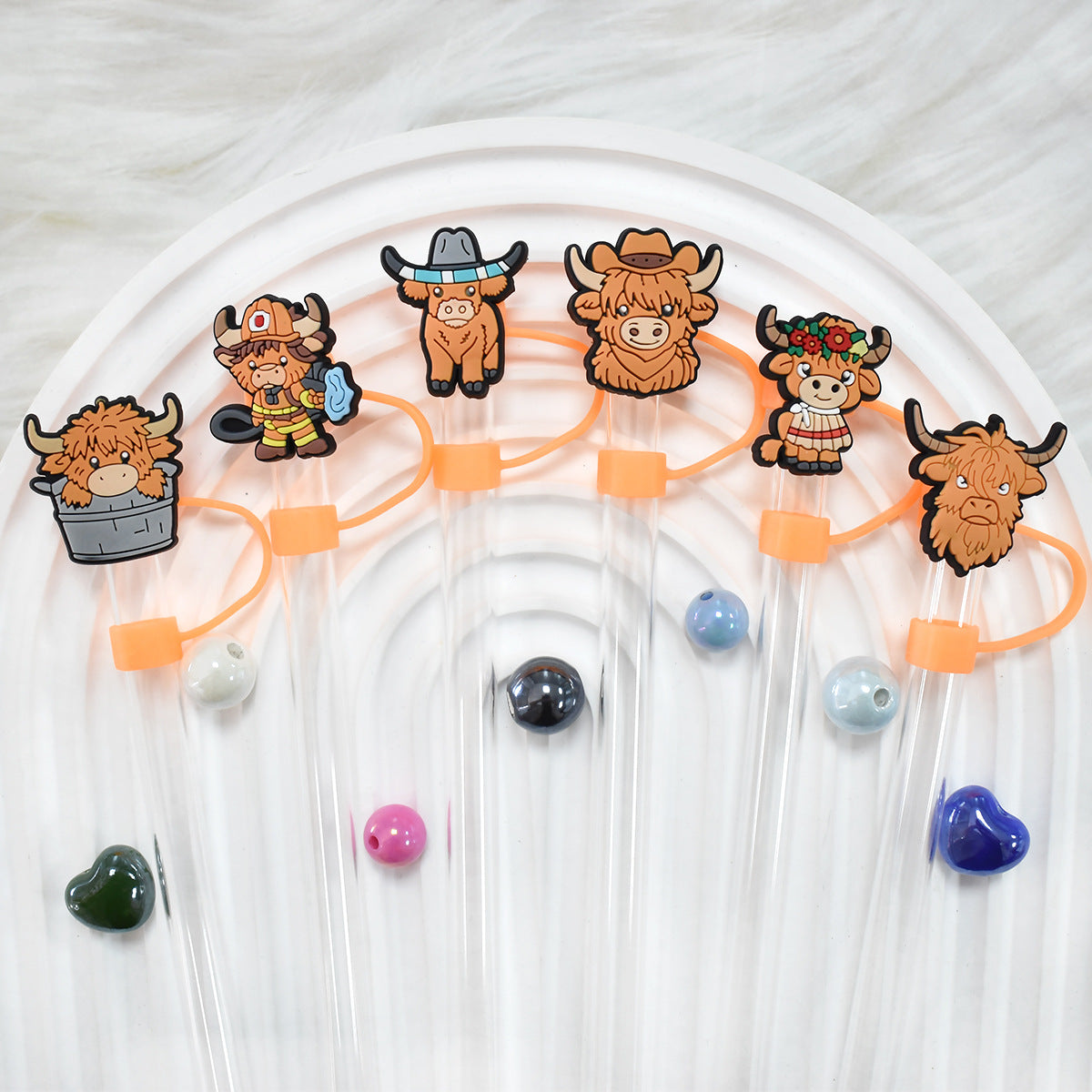 Wholesale Random 100pcs Cartoon West Highland Cattle 10mm Straw Tube Cap ACC-SCR-RYY064