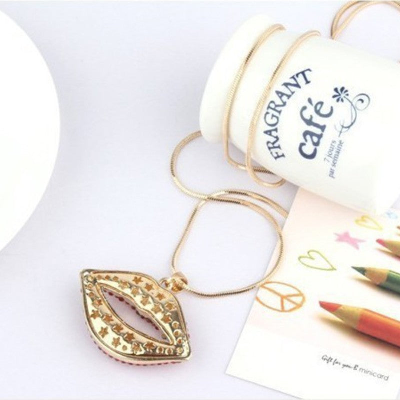 Wholesale Lips Necklace with Diamonds Sexy Red Lips Pendant Sweater Chain Long Necklace ACC-NE-Yiniao003