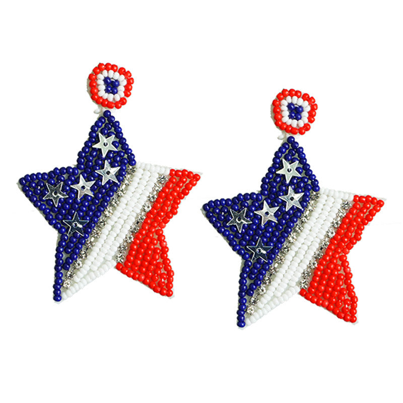 Wholesale 2 Pairs/pack American Independence Day Handmade Rice Beads Beaded Bow Love Heart Rainbow Earrings ACC-ES-HY045