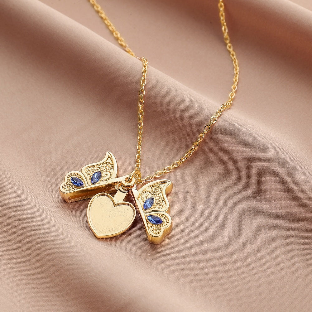 Wholesale metal diamond butterfly love open photo box pendant necklace