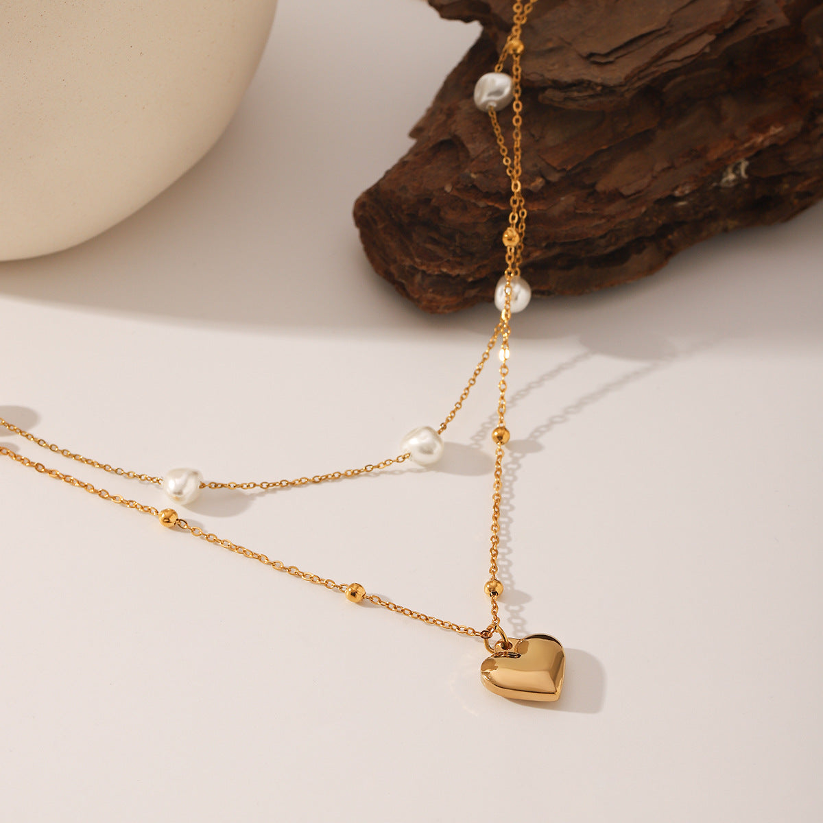 Wholesale  Stainless Steel 18K Gold Heart-Shaped Pendant Pearl Chain Ball Chain