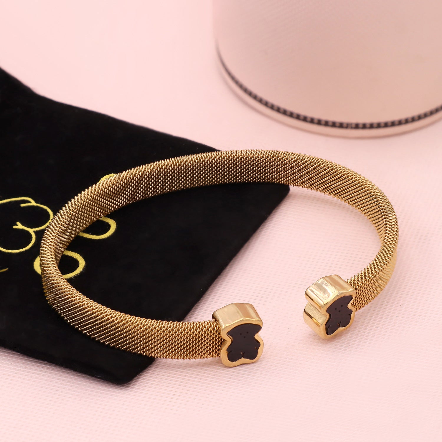 Wholesale Bear Open C-Shape Bracelet with Woven Mesh Strap,  Stainless Steel Boutique Resale Jewelry for Women