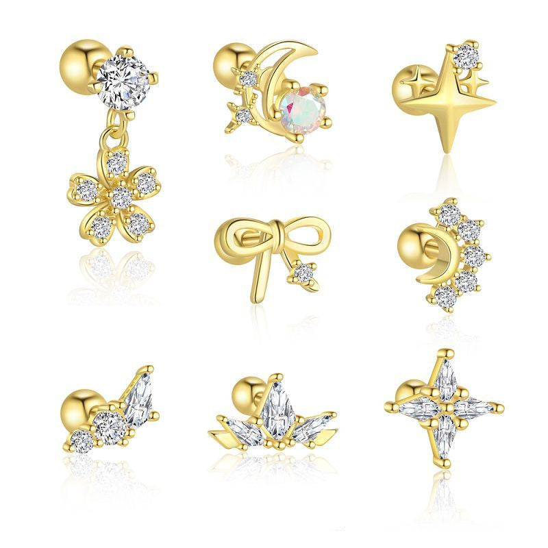 Wholesale S925 sterling silver zircon star moon bowknot earrings