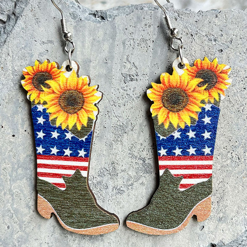 Wholesale 2 Pairs/Pack American Independence Day Western Style Cowboy Boots Cow Head Sunflower Wood Earrings ACC-ES-HY103