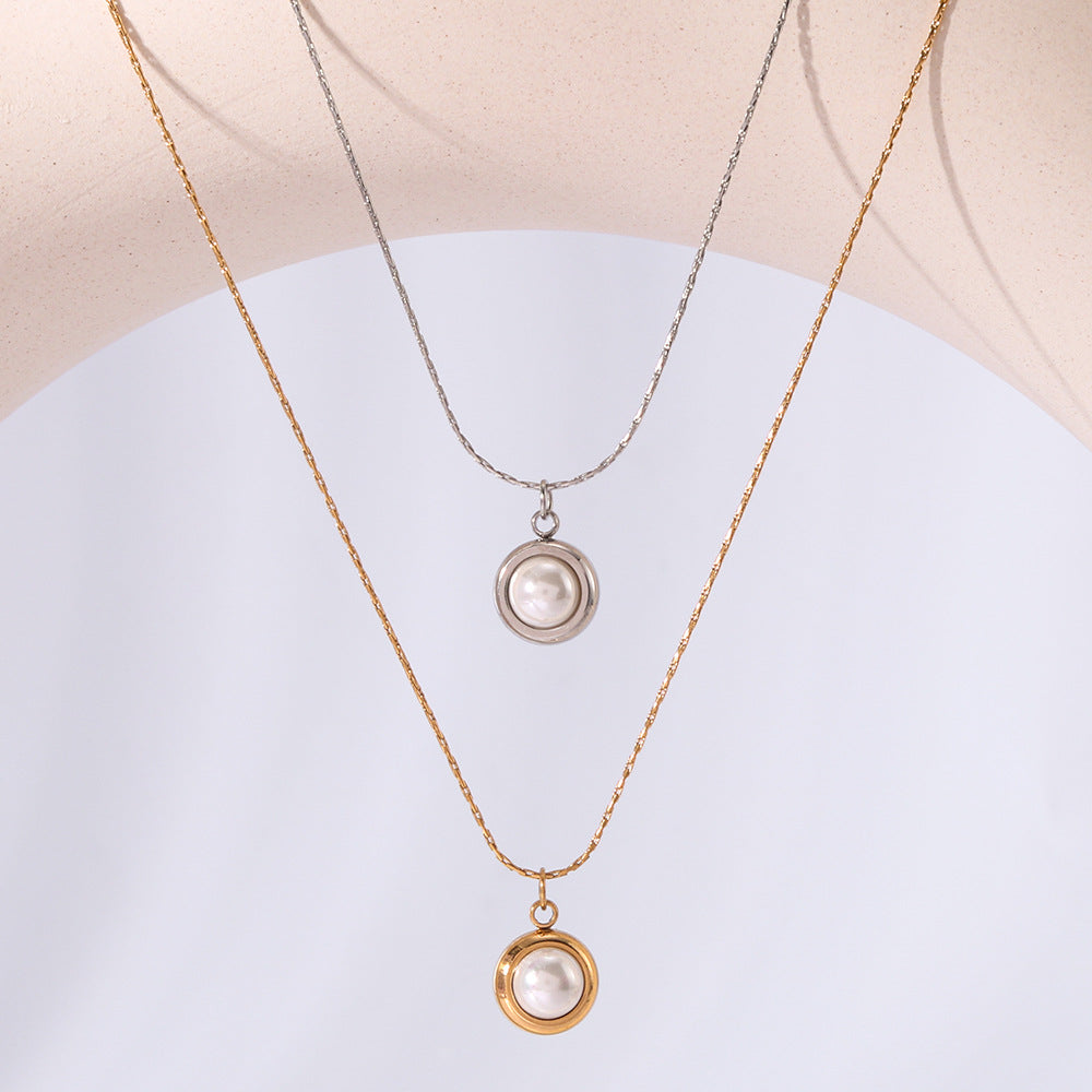 Wholesale Pearl Pendant Stainless Steel Necklace Round Carved Love Pattern Simple Clavicle Chain