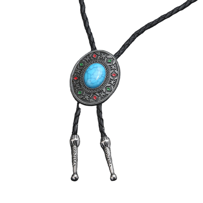 Wholesale Vintage Western Turquoise Lace Bolo Tie Necklace Unisex Alloy Leather Pendant Jewelry Accessory