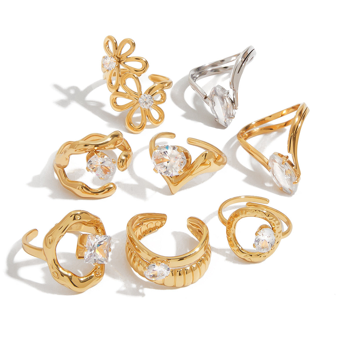 Wholesale 18K gold stainless steel double ribbed hollow band oval white zirconium ring