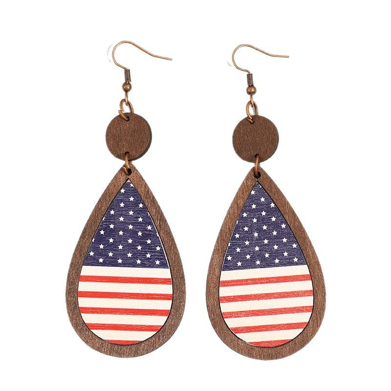 Wholesale Independence Day teardrop-shaped striped five-pointed star wooden earrings