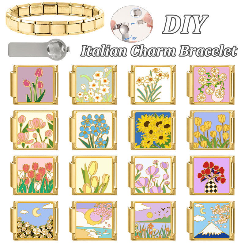 Wholesale 9mm Italian Charm Starter Bracelets DIY Flower Series Stainless Steel Composable Bracelet