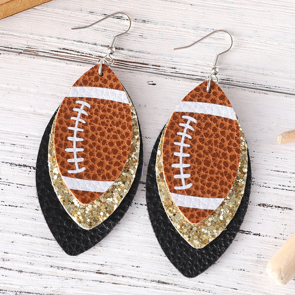 Wholesale Rugby Sequins Three-layer Leather Water Drop Pendant Earrings