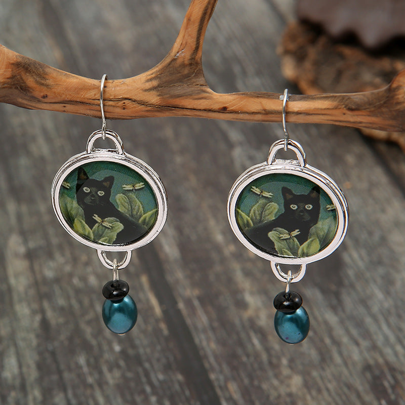 Wholesale Retro Cat Pattern Drop Earrings with Pearl Accent - Vintage Style Alloy Jewelry Accessory,  Gift for Women