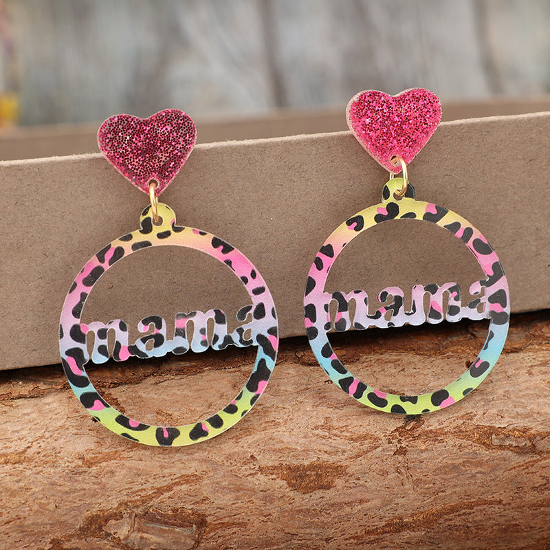 Wholesale  Mother's Day  Colorfulful Cut Out Round Letter Stitching Sequin Heart Acrylic Earrings