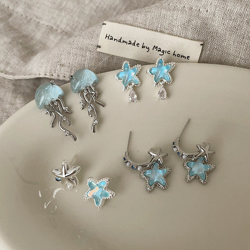 Wholesale Small fresh blue star jellyfish earrings female unique niche exquisite fashion elegant all-match earrings earrings