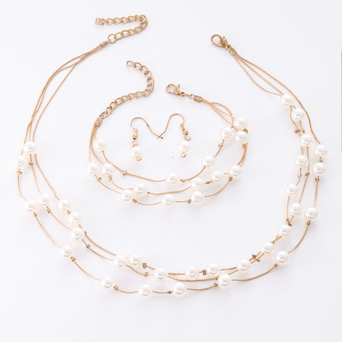 Wholesale Fashion Alloy Pearl 3 Piece Jewelry Set Necklace Earrings Bracelet Party Wear Accessory